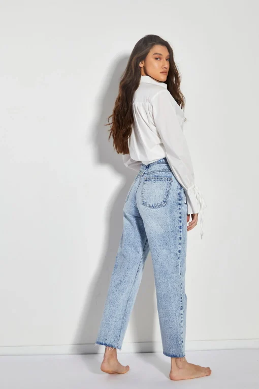 Glamorous Straight Leg Jeans|Blue Acid Wash Cut Off Straight Leg Jeans -