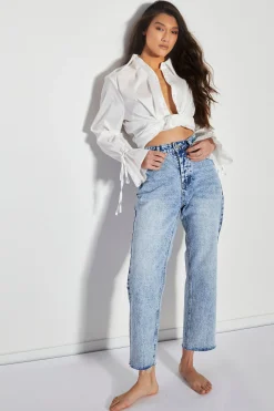 Glamorous Straight Leg Jeans|Blue Acid Wash Cut Off Straight Leg Jeans -
