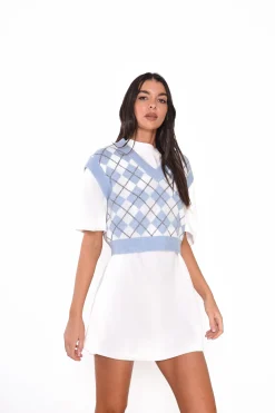 Glamorous Jumpers|Blue Argyle Sleeveless Knit Crop Jumper -