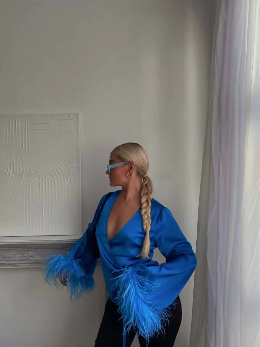 Glamorous Go To Partywear|Blouses & Shirts|Blue Aster Satin Wrap Blouse with Feather Trim -