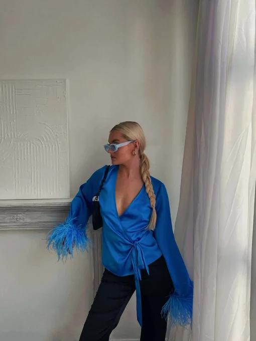 Glamorous Go To Partywear|Blouses & Shirts|Blue Aster Satin Wrap Blouse with Feather Trim -
