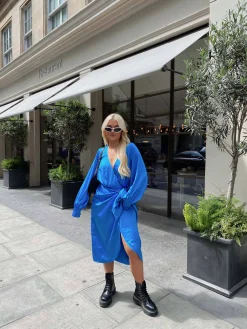Glamorous Best Dressed Guest|Go To Partywear|Blue Aster Satin Long Sleeve Wrap Dress -