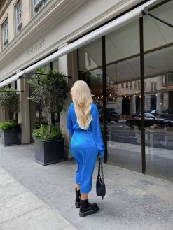 Glamorous Best Dressed Guest|Go To Partywear|Blue Aster Satin Long Sleeve Wrap Dress -