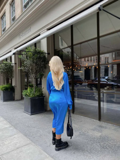 Glamorous Best Dressed Guest|Go To Partywear|Blue Aster Satin Long Sleeve Wrap Dress -