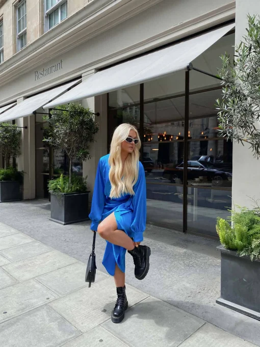 Glamorous Best Dressed Guest|Go To Partywear|Blue Aster Satin Long Sleeve Wrap Dress -
