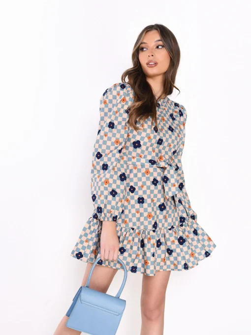 Glamorous Day Dresses|Mini Dresses|Blue Check Flower Tie Waist Mini Dress -
