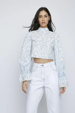 Glamorous Blouses & Shirts|Blue Chintz High Neck Crochet Detail Blouse -