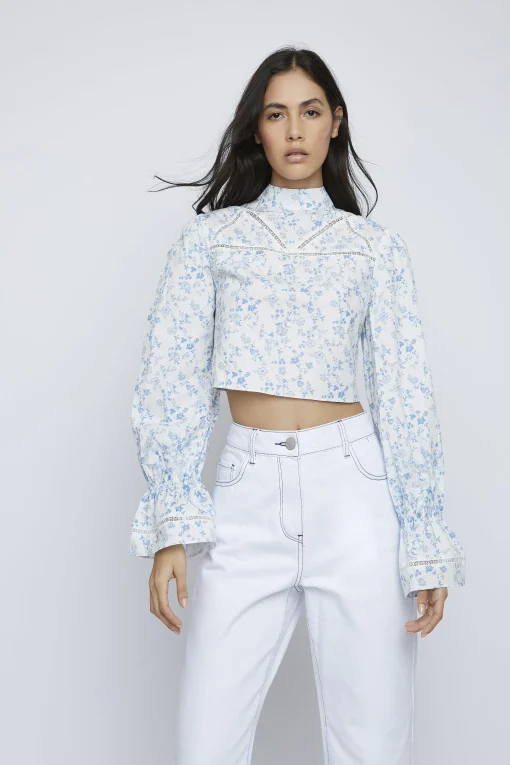 Glamorous Blouses & Shirts|Blue Chintz High Neck Crochet Detail Blouse -