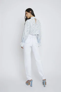 Glamorous Blouses & Shirts|Blue Chintz High Neck Crochet Detail Blouse -
