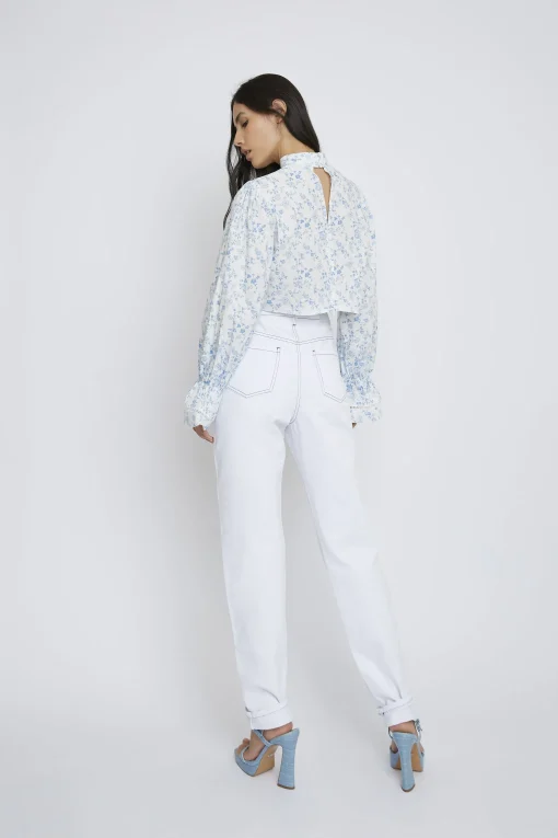 Glamorous Blouses & Shirts|Blue Chintz High Neck Crochet Detail Blouse -