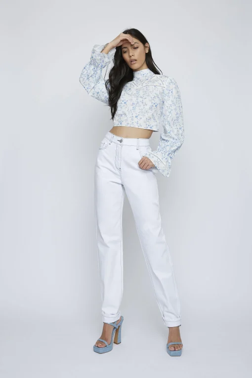 Glamorous Blouses & Shirts|Blue Chintz High Neck Crochet Detail Blouse -