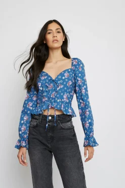 Glamorous Blouses & Shirts|Blue Floral Sweetheart Neckline Blouse -