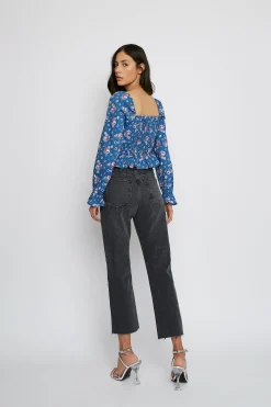 Glamorous Blouses & Shirts|Blue Floral Sweetheart Neckline Blouse -