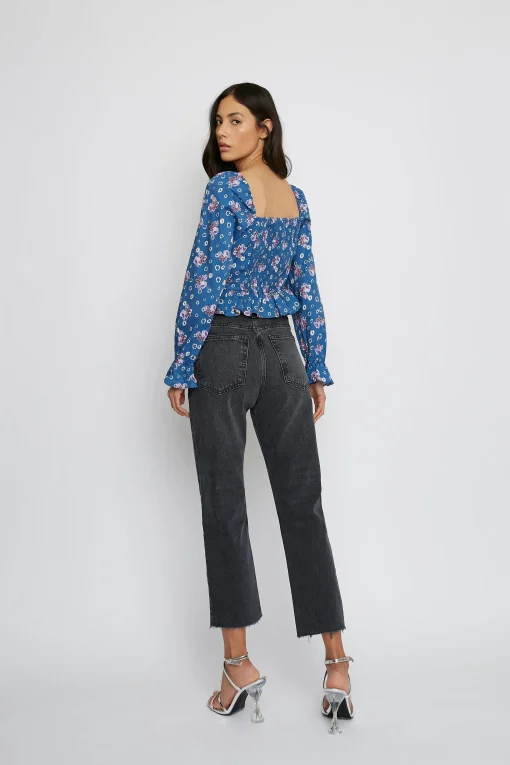 Glamorous Blouses & Shirts|Blue Floral Sweetheart Neckline Blouse -