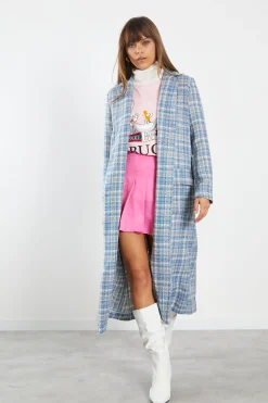 Glamorous Longline Coats|Coats|Blue Grey Check Longline Coat with Front Pockets -