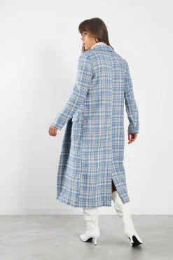 Glamorous Longline Coats|Coats|Blue Grey Check Longline Coat with Front Pockets -