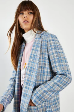 Glamorous Longline Coats|Coats|Blue Grey Check Longline Coat with Front Pockets -