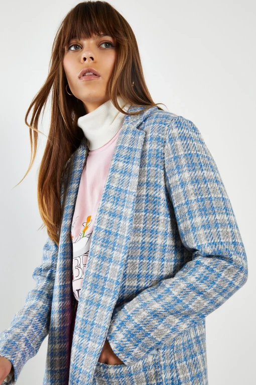 Glamorous Longline Coats|Coats|Blue Grey Check Longline Coat with Front Pockets -