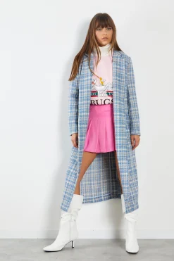 Glamorous Longline Coats|Coats|Blue Grey Check Longline Coat with Front Pockets -