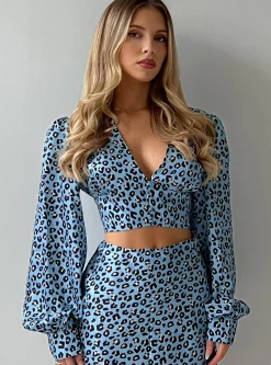 Glamorous Going Out Tops|Blouses & Shirts|Blue Leopard Print V-Neck Button Front Blouse -