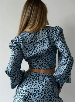 Glamorous Going Out Tops|Blouses & Shirts|Blue Leopard Print V-Neck Button Front Blouse -