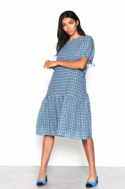 Glamorous Best Dressed Guest|Day Dresses|Blue Multi Check Tiered Midi Dress with Puff Sleeves and Tie -