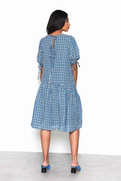 Glamorous Best Dressed Guest|Day Dresses|Blue Multi Check Tiered Midi Dress with Puff Sleeves and Tie -