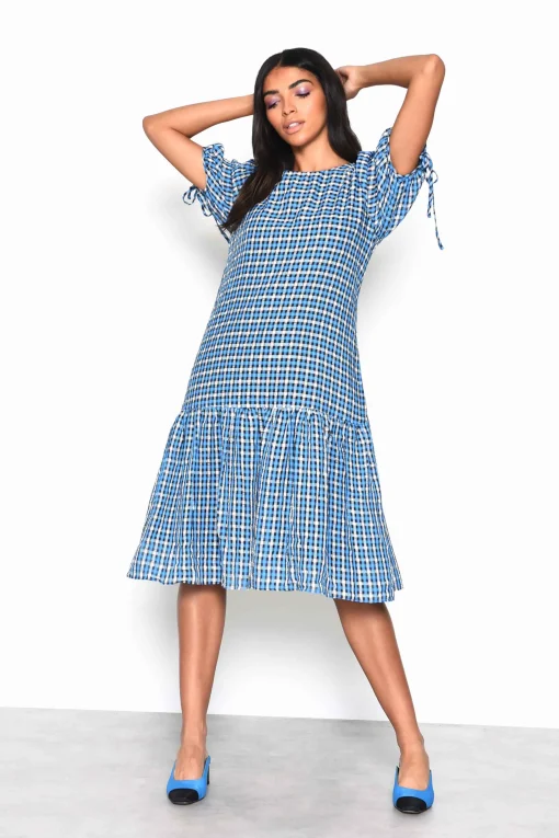 Glamorous Best Dressed Guest|Day Dresses|Blue Multi Check Tiered Midi Dress with Puff Sleeves and Tie -