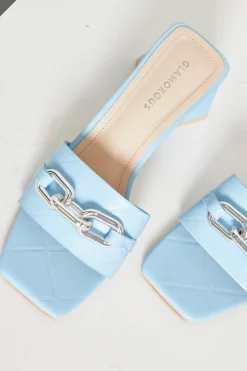 Glamorous Mules|Blue Quilted Square Toe Mules -