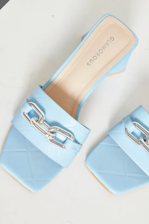 Glamorous Mules|Blue Quilted Square Toe Mules -