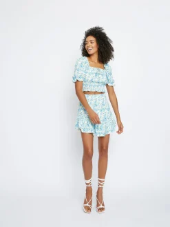 Glamorous Co-ords|Blue Yellow Floral Puff Sleeve Top -