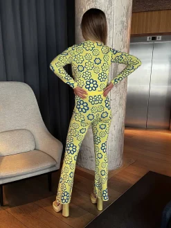 Glamorous Co-ords|Flares|Blue Yellow Flowers Intarsia Knit Flared Trousers -