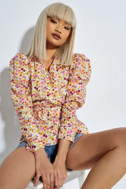 Glamorous Chic Escapes|Blouses & Shirts|Bold Multi Flower Puff Shoulder Belted Blouse -
