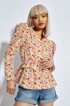 Glamorous Chic Escapes|Blouses & Shirts|Bold Multi Flower Puff Shoulder Belted Blouse -