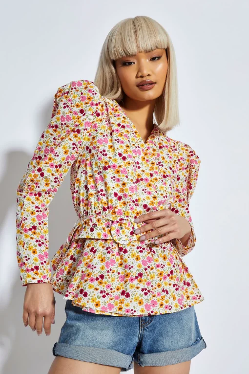 Glamorous Chic Escapes|Blouses & Shirts|Bold Multi Flower Puff Shoulder Belted Blouse -