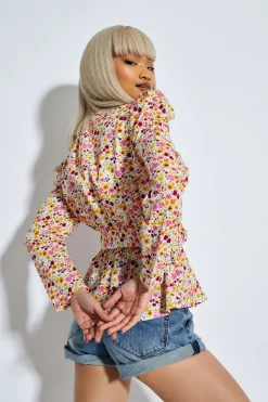 Glamorous Chic Escapes|Blouses & Shirts|Bold Multi Flower Puff Shoulder Belted Blouse -