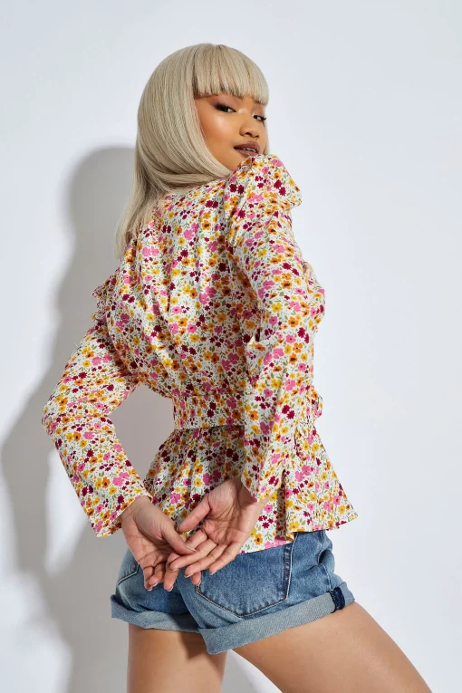 Glamorous Chic Escapes|Blouses & Shirts|Bold Multi Flower Puff Shoulder Belted Blouse -
