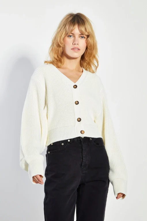 Glamorous Workwear|Jet Setter|Bone White button Front Knit Cardigan -