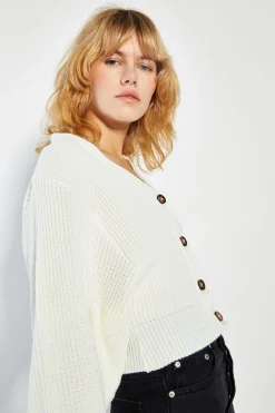 Glamorous Workwear|Jet Setter|Bone White button Front Knit Cardigan -