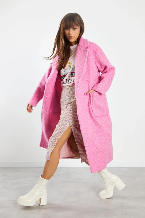 Glamorous Longline Coats|Coats|Bright Pink Marl Midi Coat with Lapel Collar -