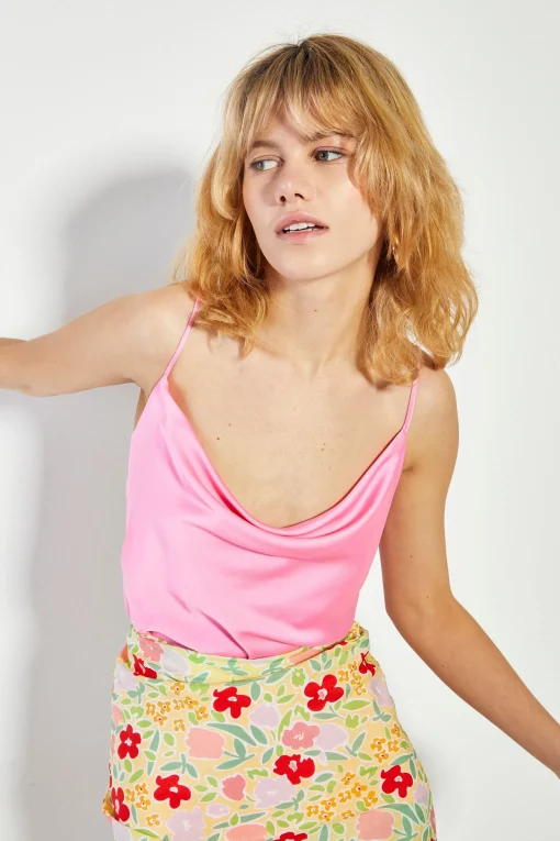 Glamorous Going Out Tops|Bright Pink Satin Cowl Neck Top -