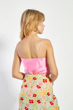 Glamorous Going Out Tops|Bright Pink Satin Cowl Neck Top -