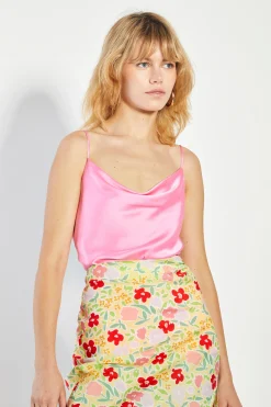 Glamorous Going Out Tops|Bright Pink Satin Cowl Neck Top -