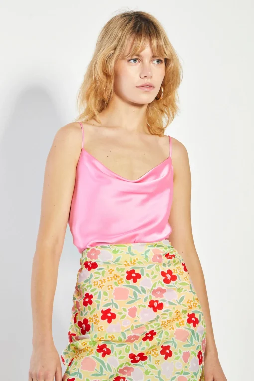 Glamorous Going Out Tops|Bright Pink Satin Cowl Neck Top -