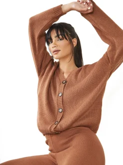 Glamorous Cardigans|Brown Knit Button Front Long Sleeve Cardigan -