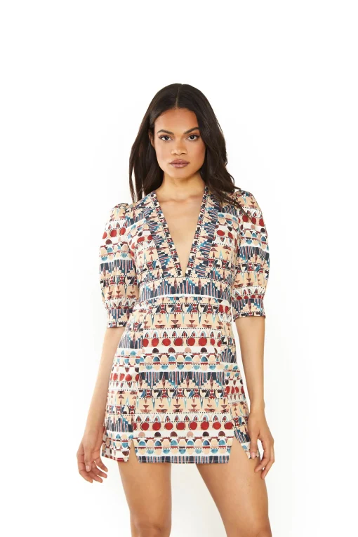 Glamorous Mini Dresses|Mini Dresses|Brown Multi Tribal V- Neck Side Split Mini Dress -