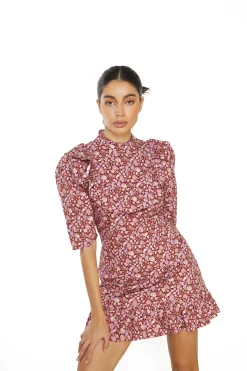 Glamorous Mini Dresses|Mini Dresses|Burgundy Chintz Floral 3/4 Length Mini Dress -