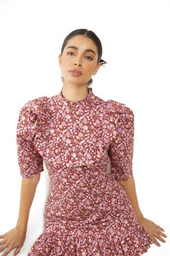 Glamorous Mini Dresses|Mini Dresses|Burgundy Chintz Floral 3/4 Length Mini Dress -