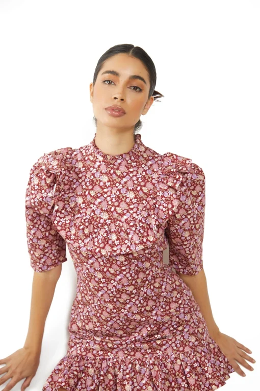 Glamorous Mini Dresses|Mini Dresses|Burgundy Chintz Floral 3/4 Length Mini Dress -