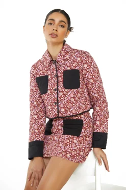 Glamorous Jackets|Burgundy Chintz Black Button Front Padded Crop Jacket -